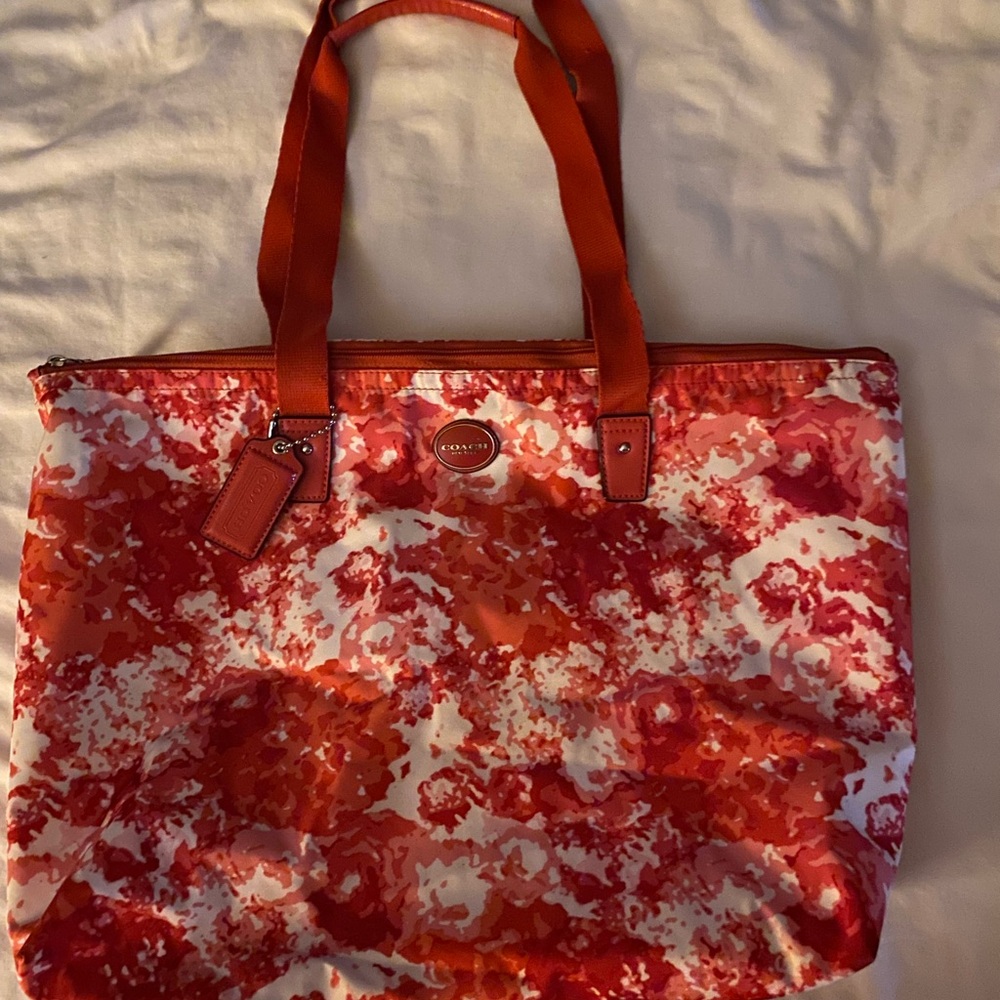 Coach Nylon Red and White Floral Get Away Tote
